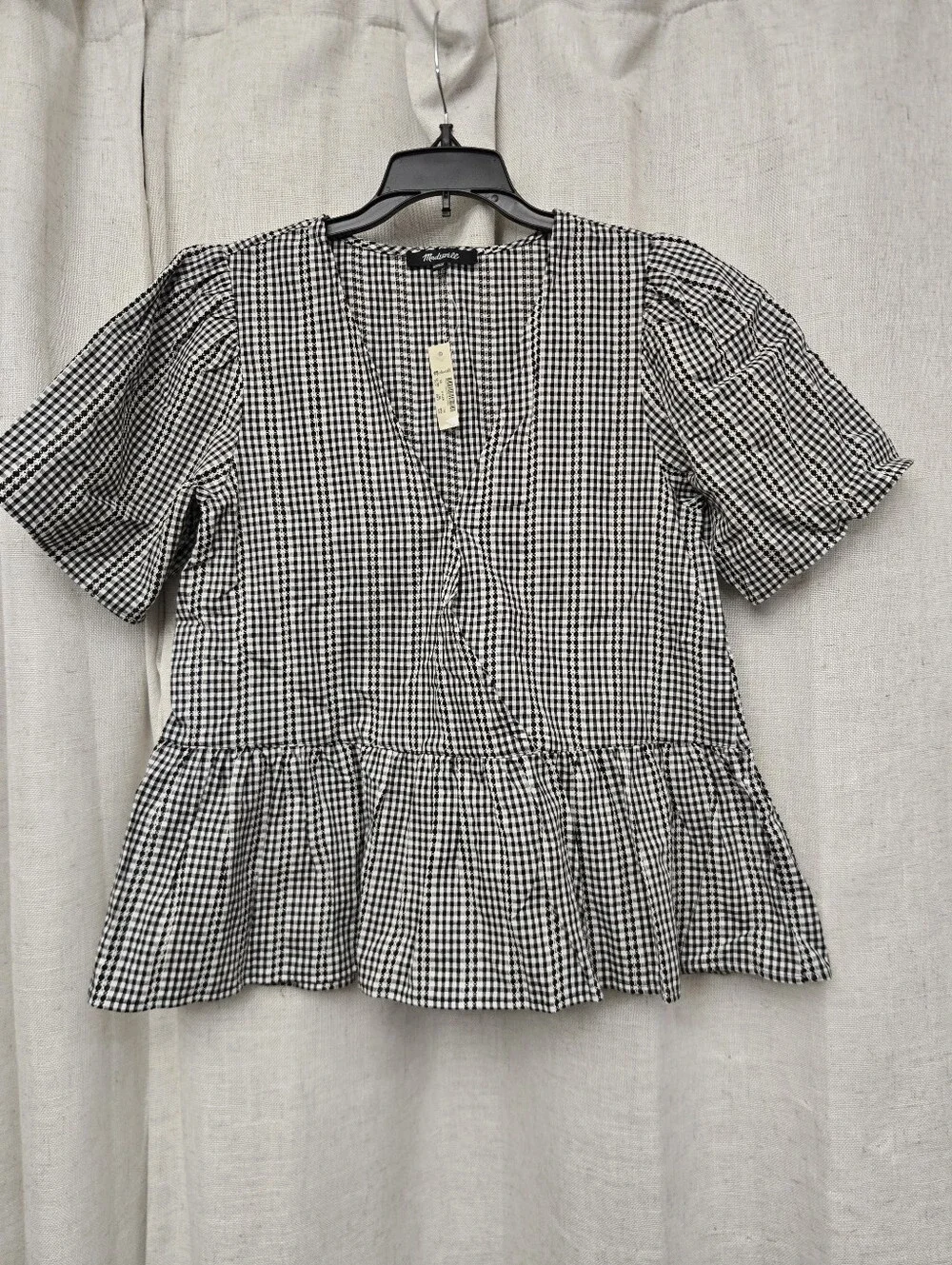 NWT Madewell Gingham Crossover Peplum Top XS Puff Sleeve Cottagecore